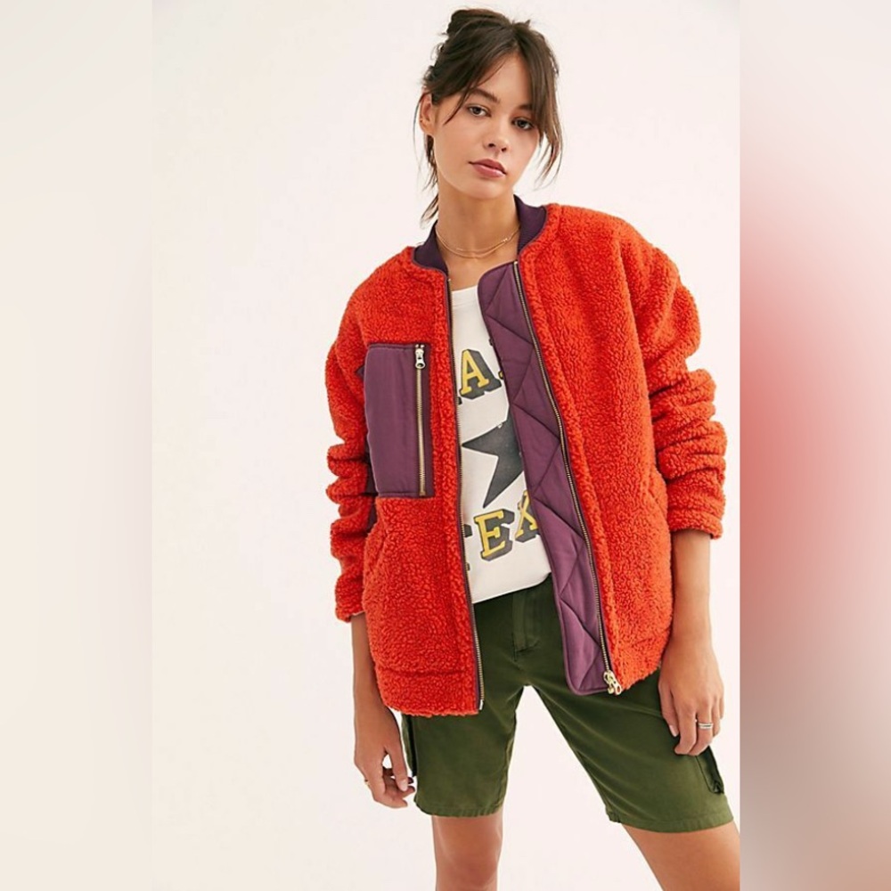 NEW Free People We The Free Rivington Sherpa Jacket Orange Purple Zip Up Sz M